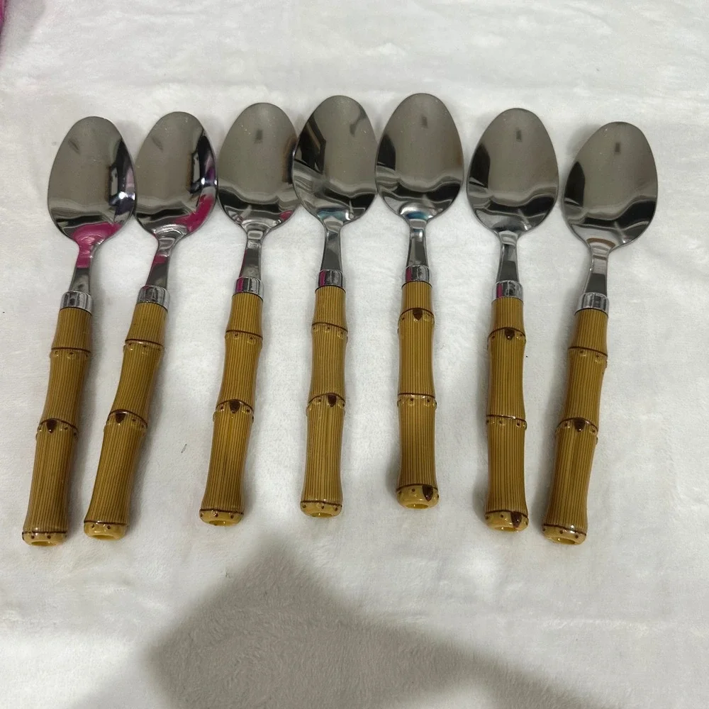 Vintage Faux Bamboo Handle Stainless Steel Spoons Set of 7 Coastal Tropical Boho
